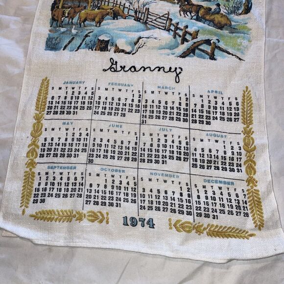 Vintage Hanging Tea Towel Calendar 1974 Winter Morning - Picture 3 of 6